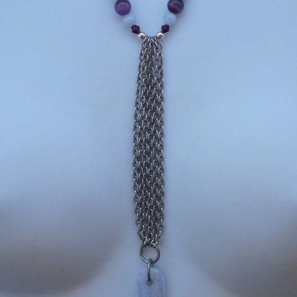 Handmade Statement Necklace With Lilac Agate Silver Tone Chains Purple Beads - Picture 12 of 16